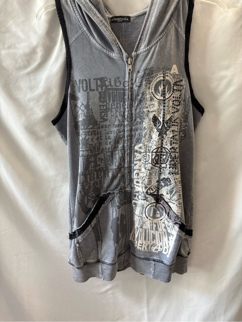 Like New Vintage Libertalia Gray Graphic Rhinestone Zip-Up Hooded Vest, M